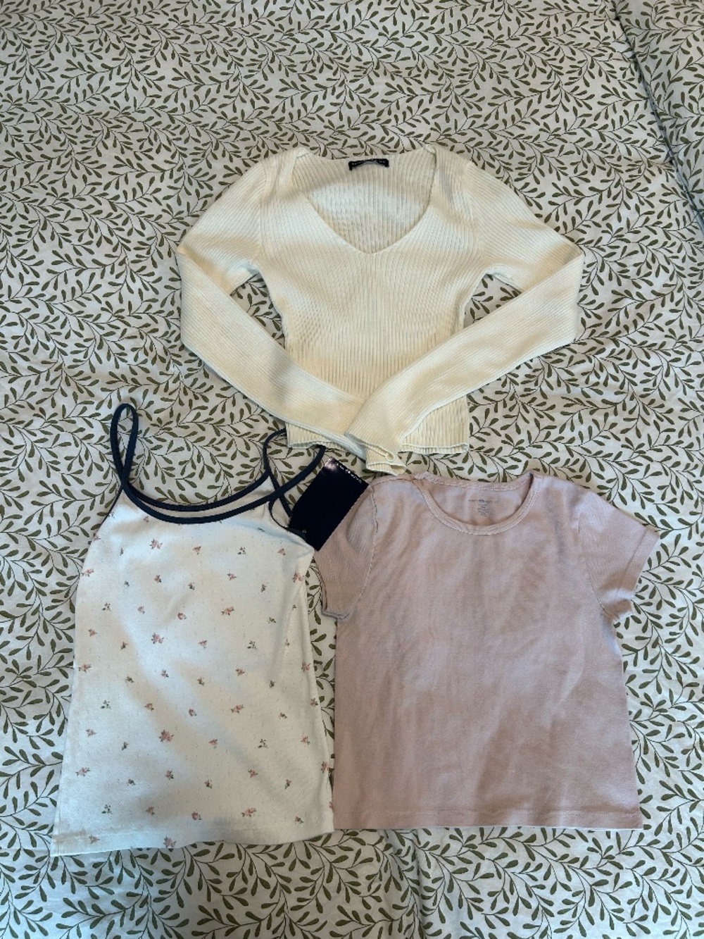 3 Brandy Melville Shirts (knit long sleeve, floral tank top, pink crop top)